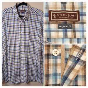 Patrick James Sz XXL Tan Blue Plaid Button Down Collared Shirt Cotton Linen